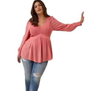 Torrid Babydoll Crinkle Gauze Smocked Top peach long sleeve boxDU